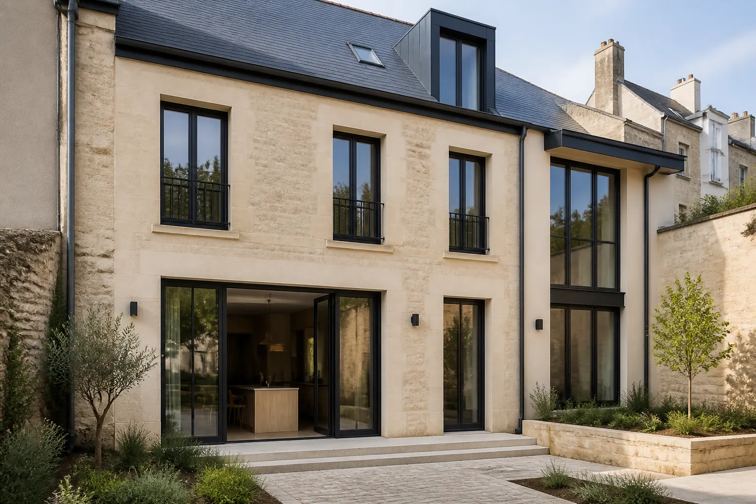 Rénovation extérieure de maison avec façade et aménagements